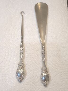 Antique Silver Ornate Decorative Shoe Horn and Button  Hook Set